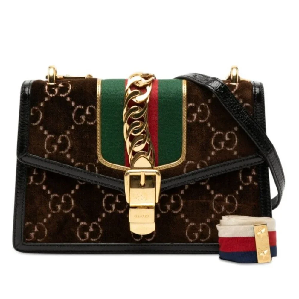 Gucci GG Velvet Sylvie Crossbody Shoulder Bag Brown Black - Picture 7 of 7